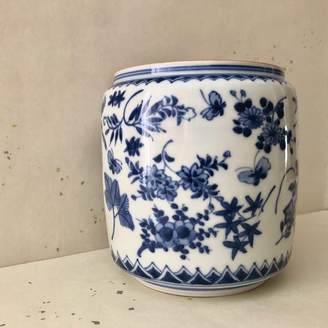 高野昭阿弥造/青華祥端写水指 染付 草花 梅 蝶々 京焼 茶道具 水差