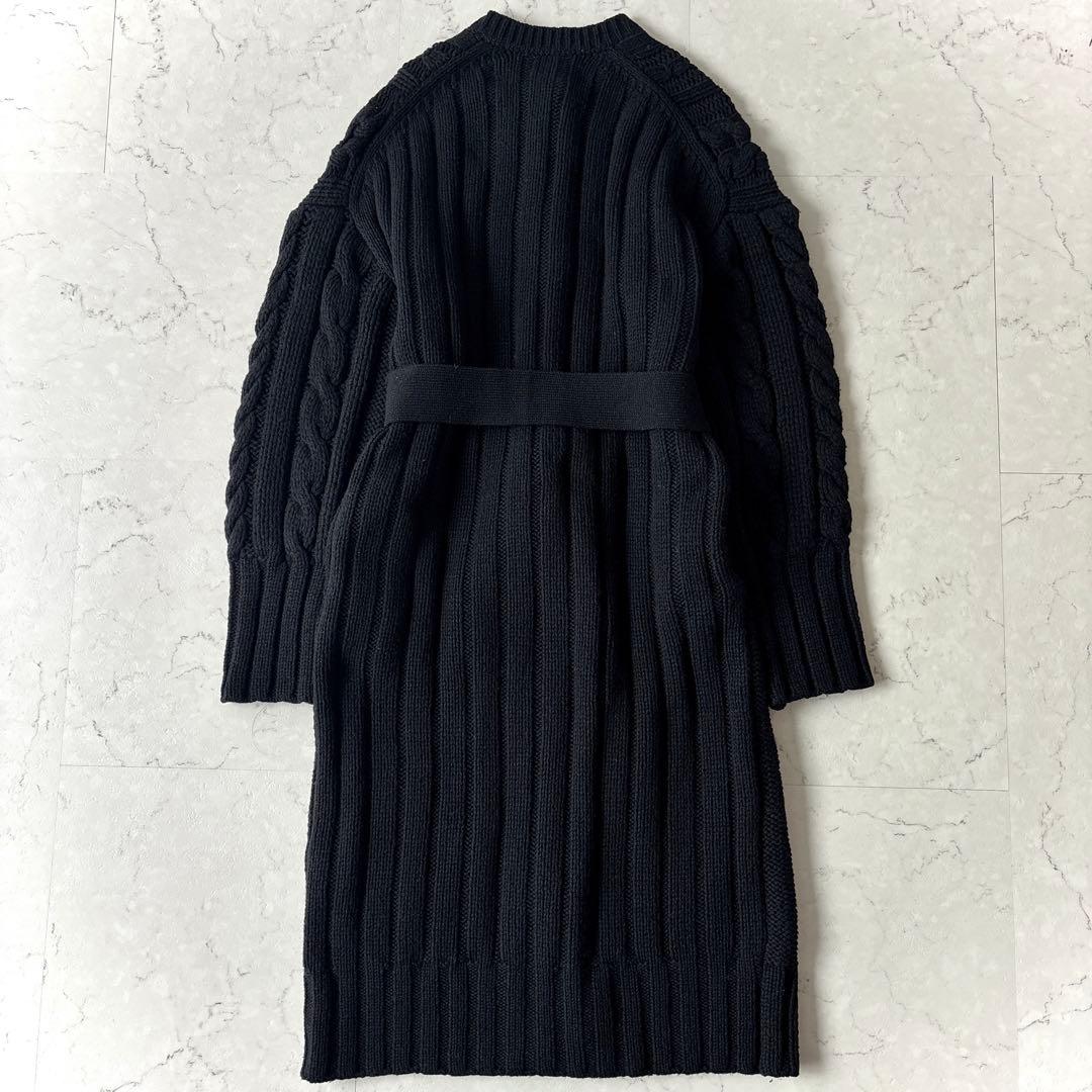 美品 ティッカ 肉厚 ウール ケーブルニット ベルト付 ガウンカーディガン 黒