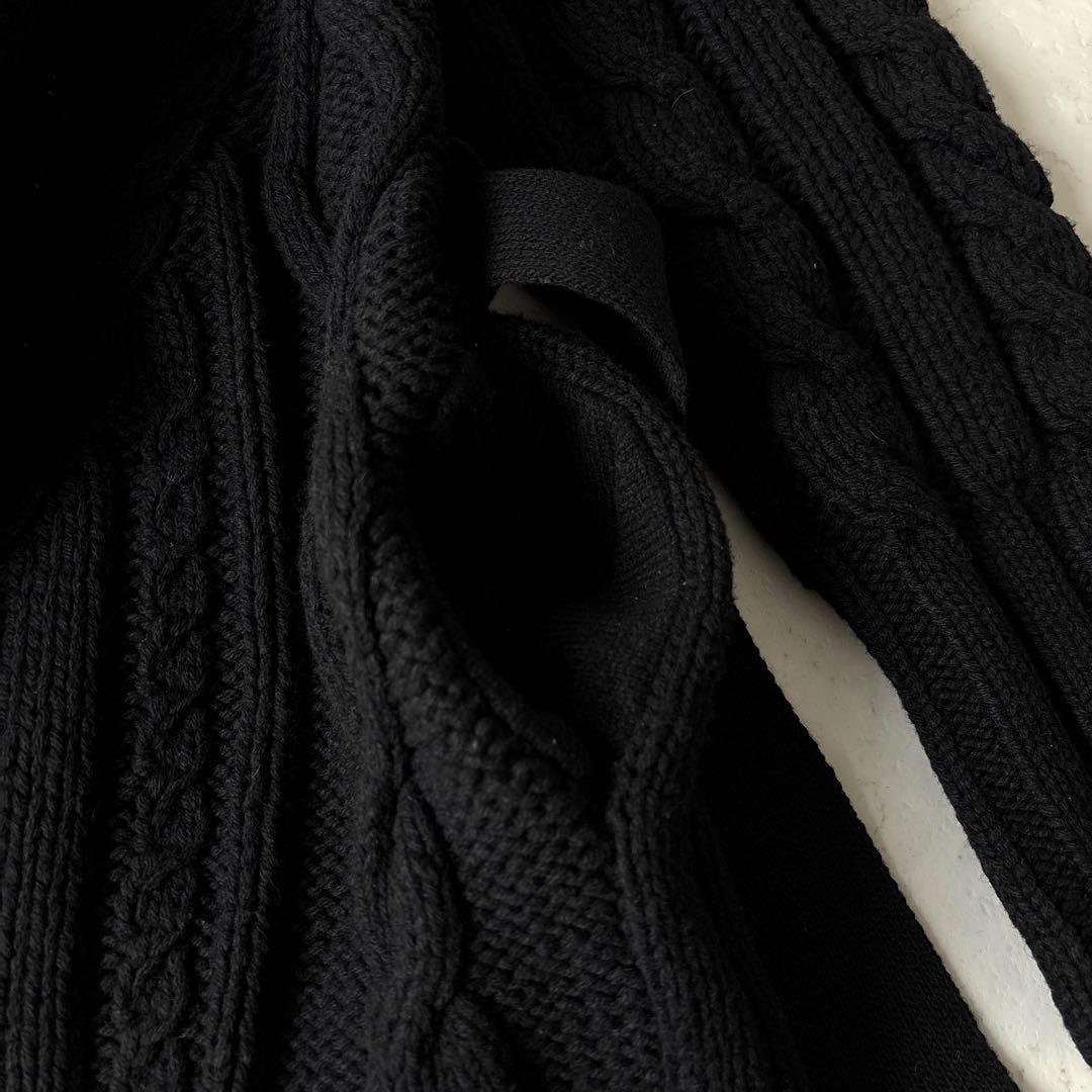 美品 ティッカ 肉厚 ウール ケーブルニット ベルト付 ガウンカーディガン 黒