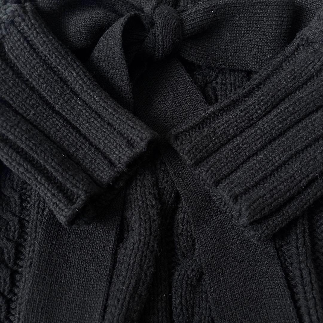 美品 ティッカ 肉厚 ウール ケーブルニット ベルト付 ガウンカーディガン 黒