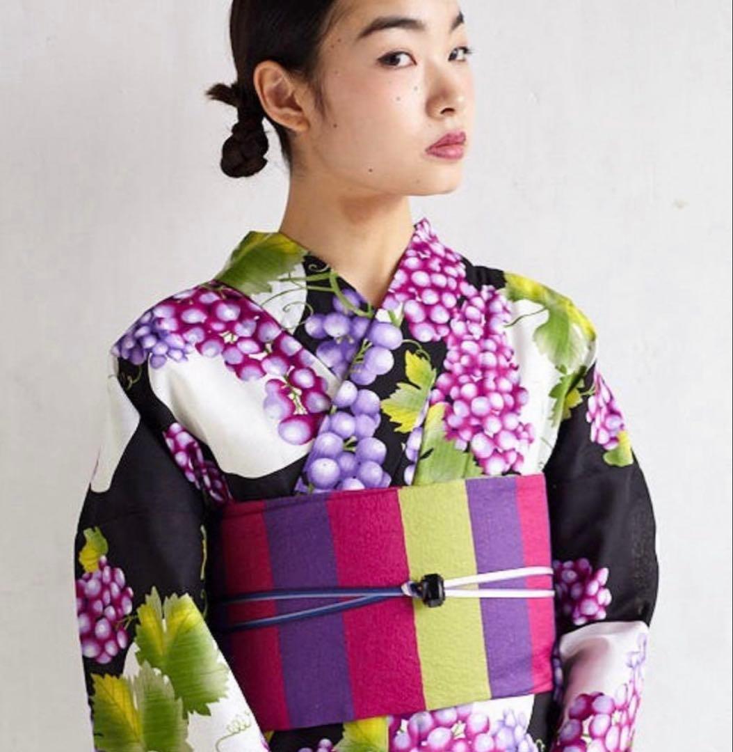 ふりふ　浴衣　帯　ストライプ柄 半幅帯 紫 緑