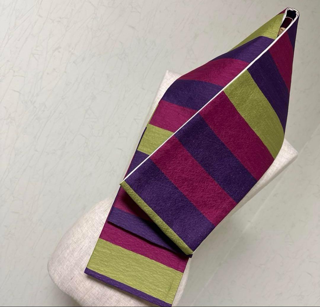 ふりふ　浴衣　帯　ストライプ柄 半幅帯 紫 緑