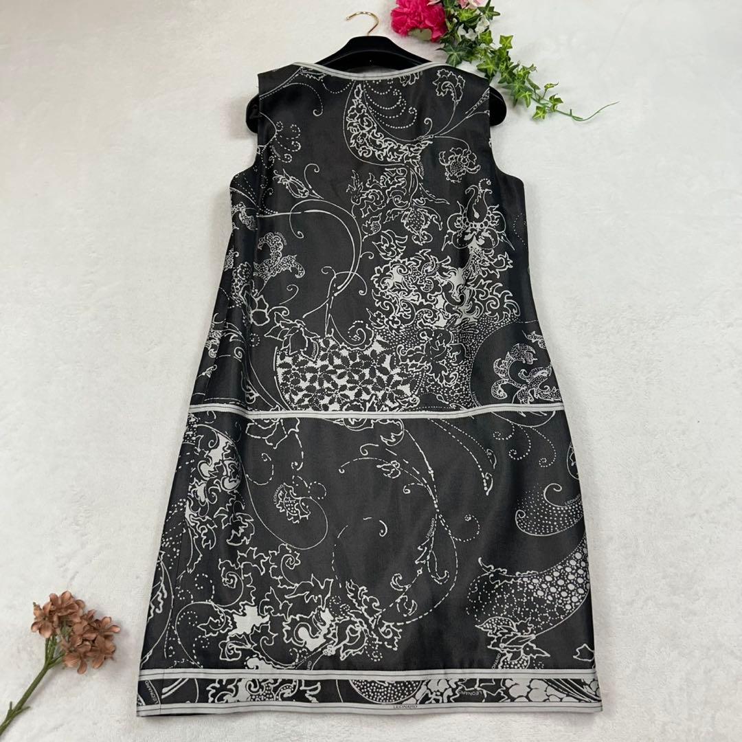 K667 美品 M レオナール シルク混 ひざ丈ワンピース ブラック レディース