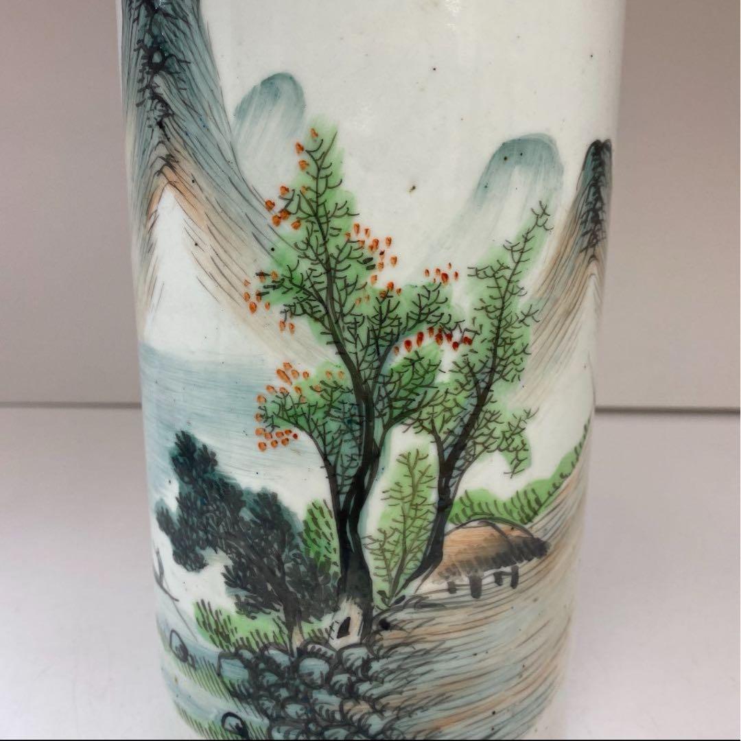 中国古玩　清代 粉彩風景文筒形花瓶　筆筒　高さ28.5㎝