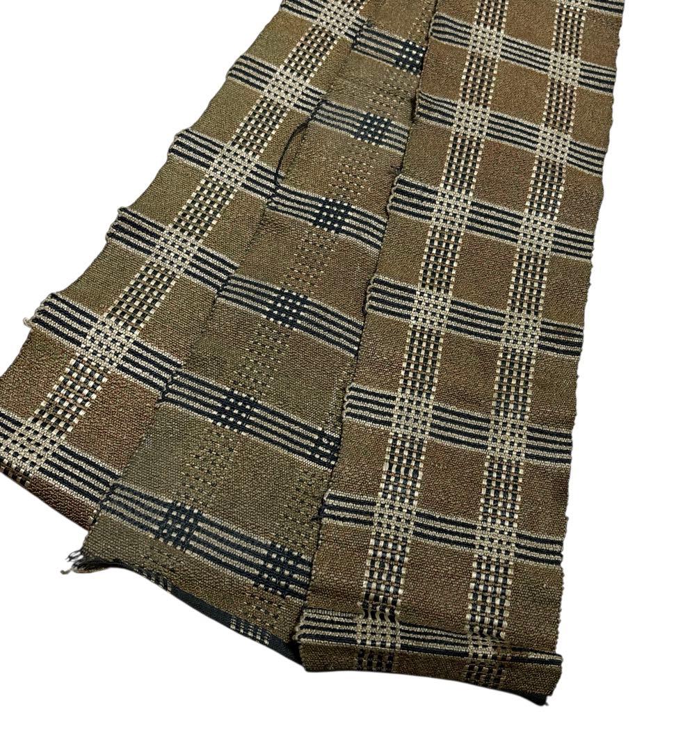 ユ190半幅帯 裂織 格子柄 正绢 着物帯　仕立て上り