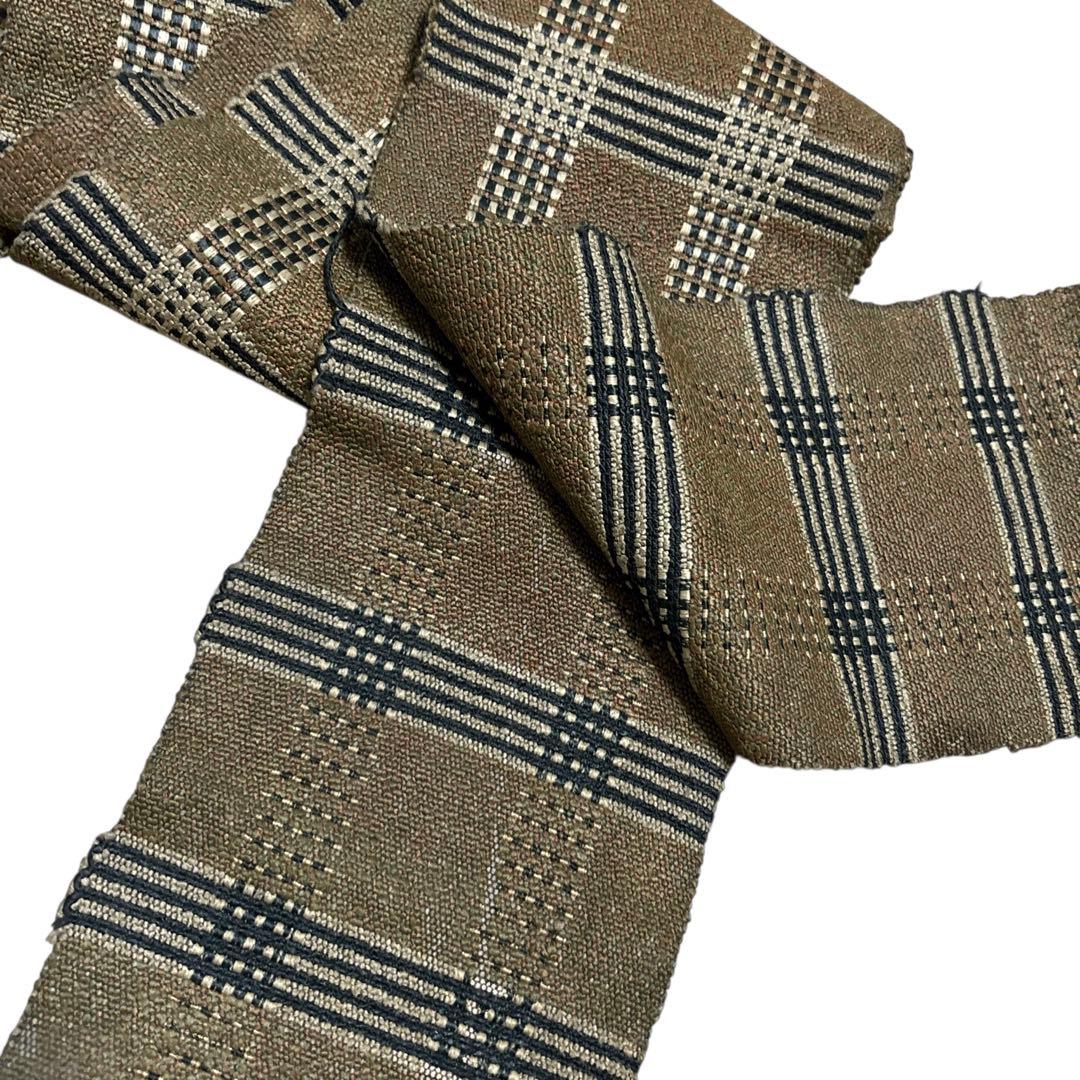 ユ190半幅帯 裂織 格子柄 正绢 着物帯　仕立て上り