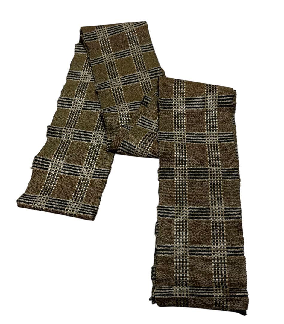 ユ190半幅帯 裂織 格子柄 正绢 着物帯　仕立て上り