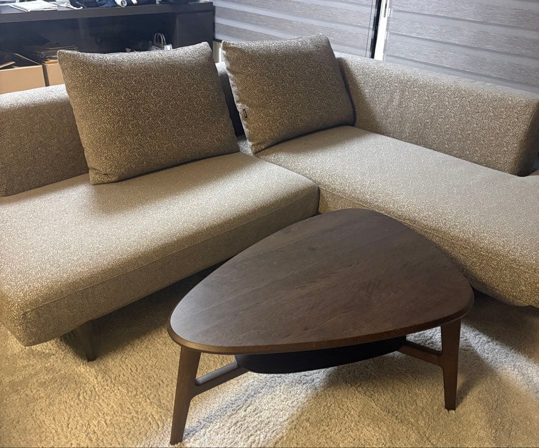 むっしゅ　カリモク　ベージュL字型ソファと同色三角テーブルセット