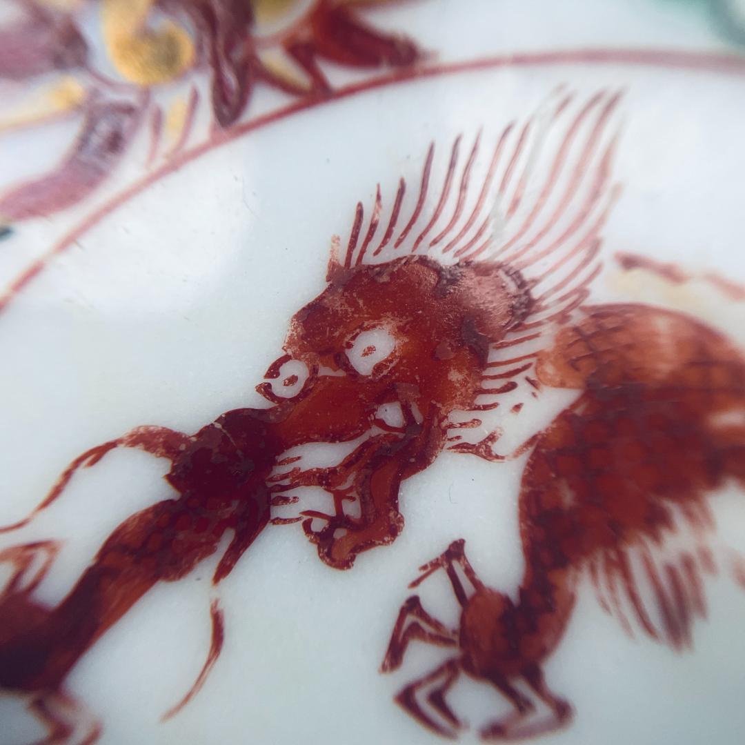 【明】五彩 龍紋包錫 茶托 共仕覆 景徳鎮 中国美術 中国古玩