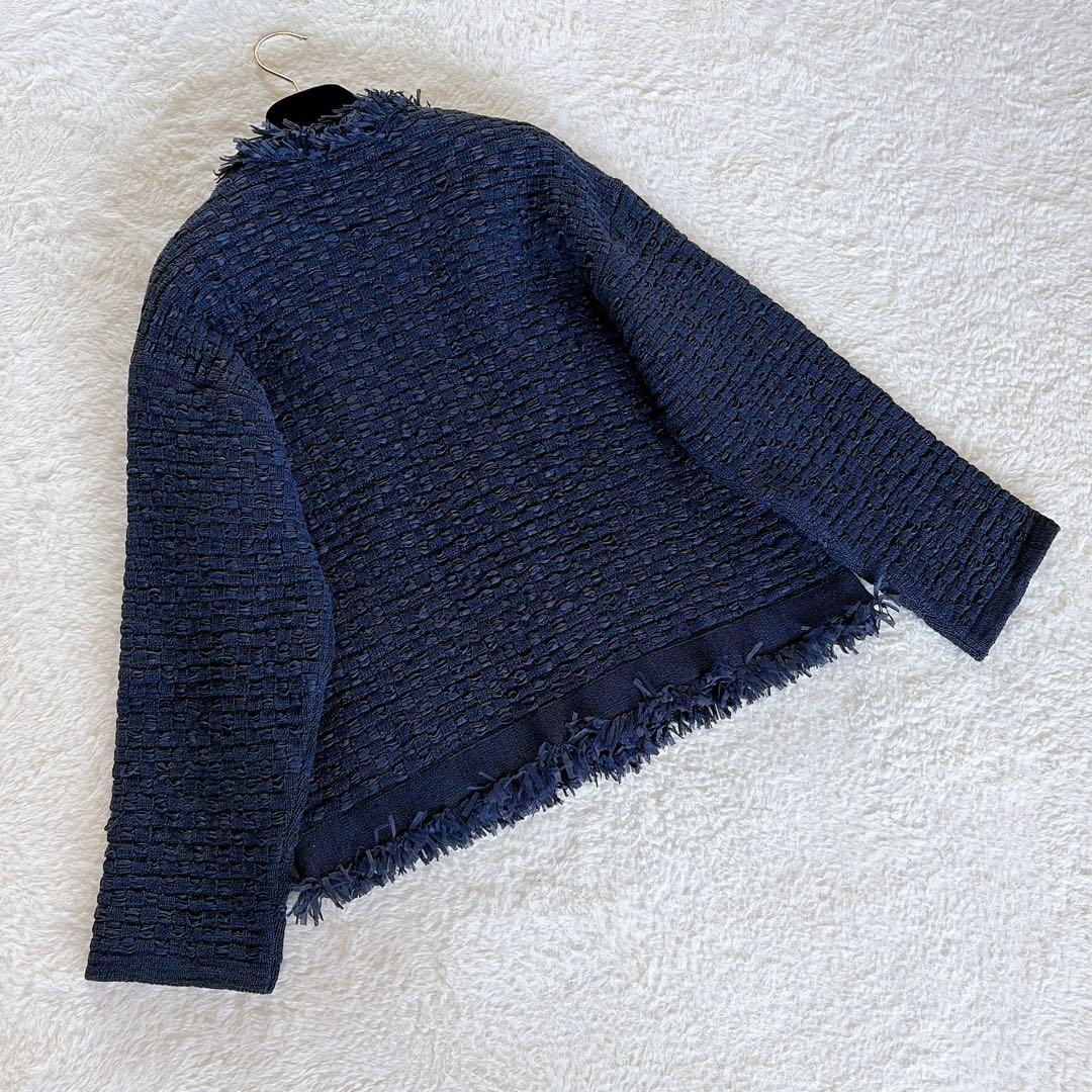 美品✨【イエナ】ノーカラーツイードニットジャケット 金ボタン ネイビー 23SS