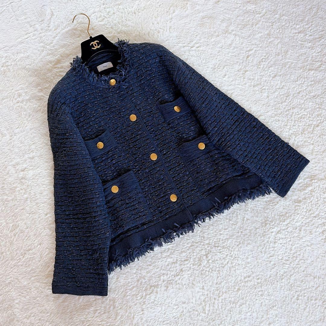 美品✨【イエナ】ノーカラーツイードニットジャケット 金ボタン ネイビー 23SS