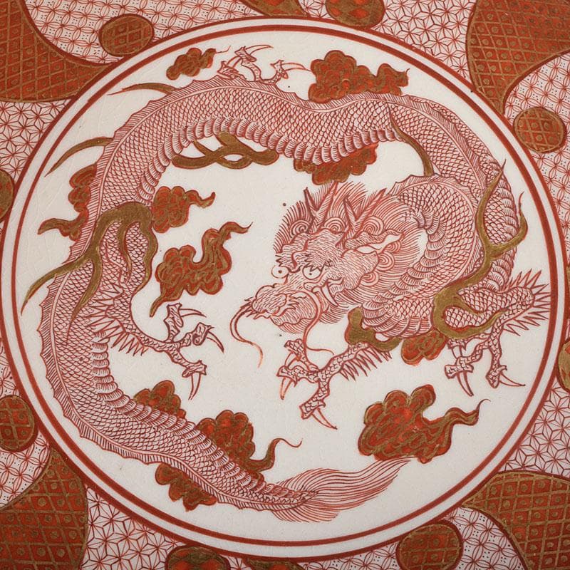 九谷焼　古九谷　赤絵八郎手　龍文　三つ組入れ子　菓子鉢　時代箱　G　R9171H