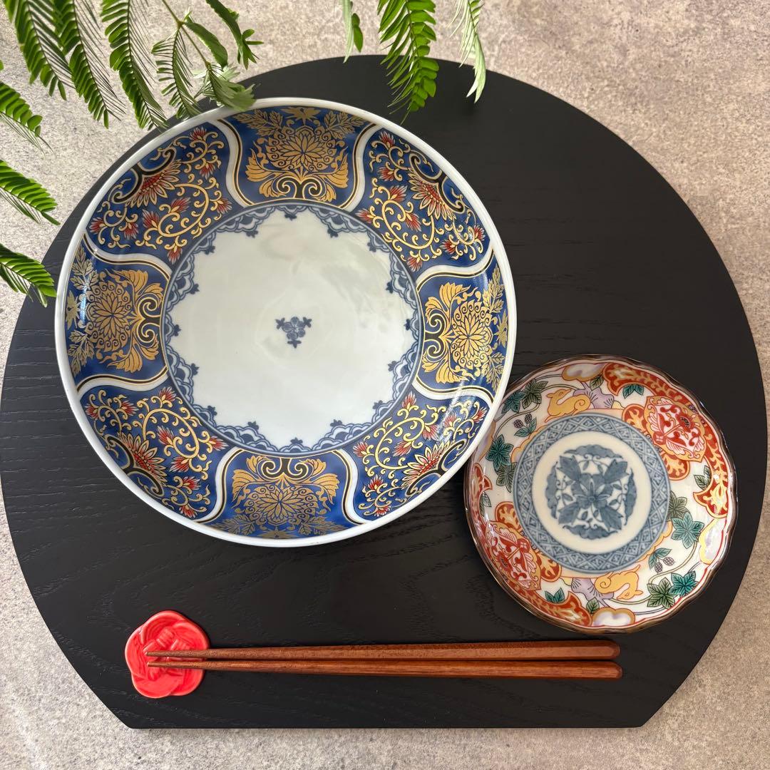 献上古伊万里　大皿　５枚セット　藍色　ブルー　約20cm 多用皿　金彩　和食器