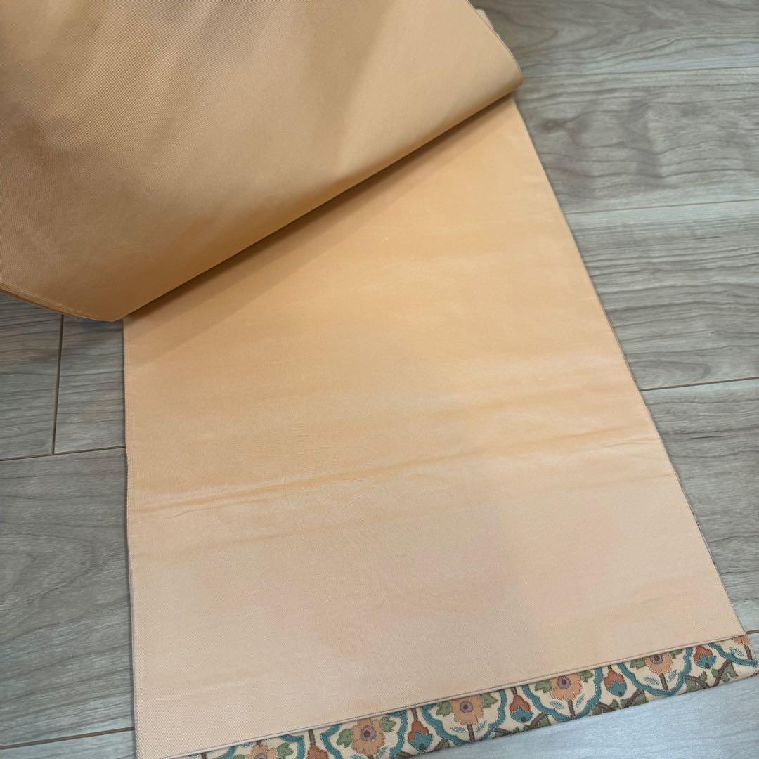 超美品　袋帯 正絹　現代　着物　ボタニカル 中国刺繍　相良刺繍　オレンジ　443