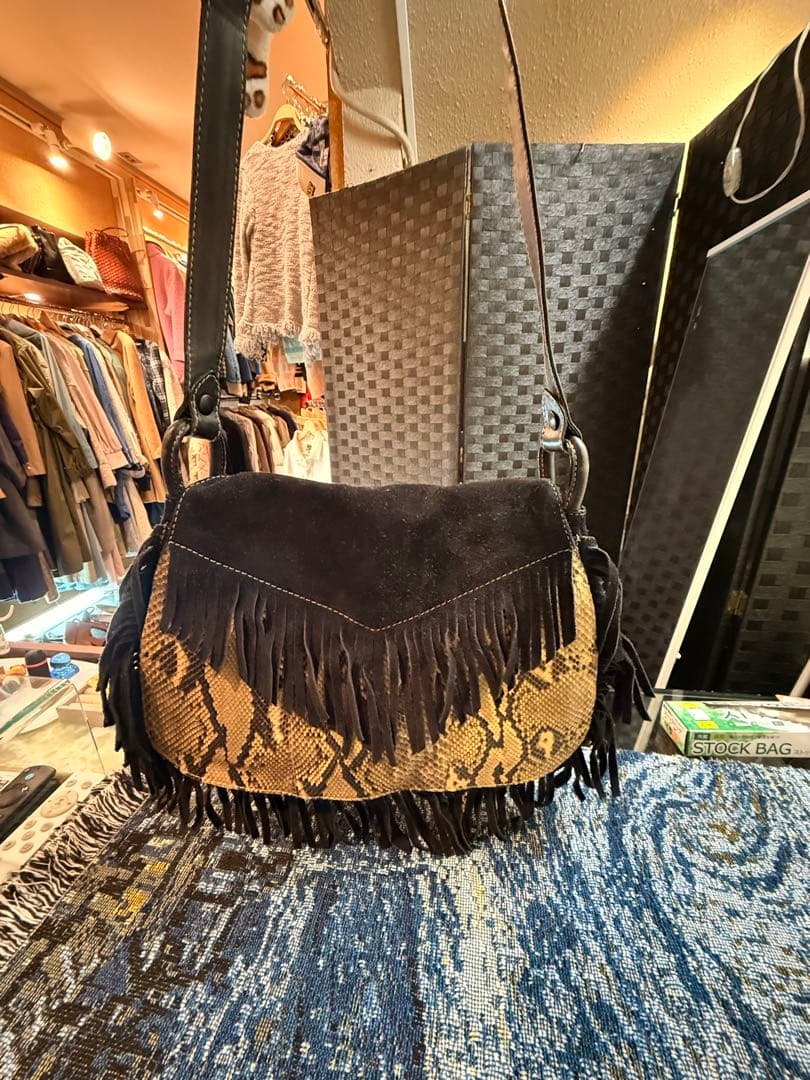 PRADA 90s ヴィンテージ レザー×パイソン フリンジ ショルダーバッグ