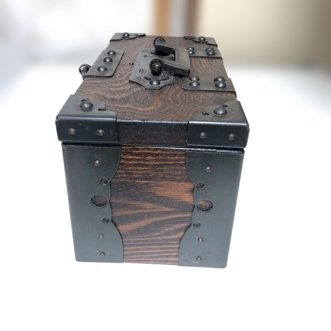 木製（欅）銭箱　千両箱　手提げ金庫　鉄金具 木製収納ボックス ダークブラウン