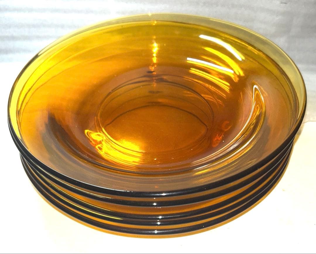 【昭和レトロ】琥珀色 アンバーガラス　平皿22cm×5枚セット