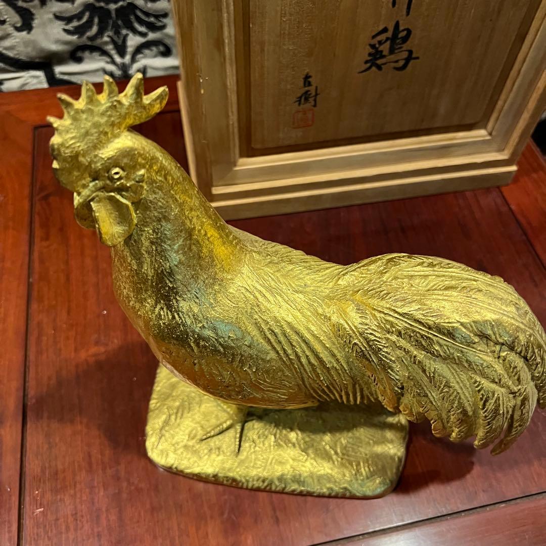 富永直樹 定価25万ブロンズ製 金箔仕上げ 御神鷄 ひとみ桐箱付　酉　インテリア