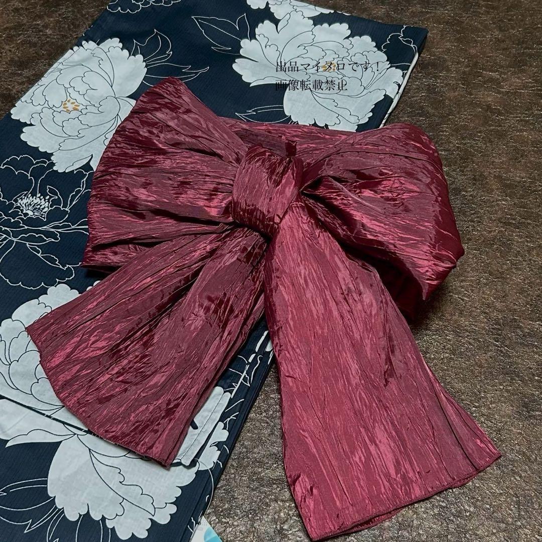 浴衣　大きめサイズ　浴衣 3L 牡丹　濃紺　兵児帯エンジ　2点　新品　0720③