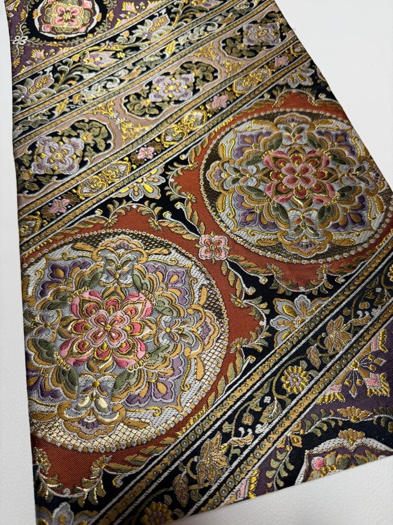 高級 袋帯 正絹 六通柄 ブラック ゴールド 花文様 フォーマル 訪問着