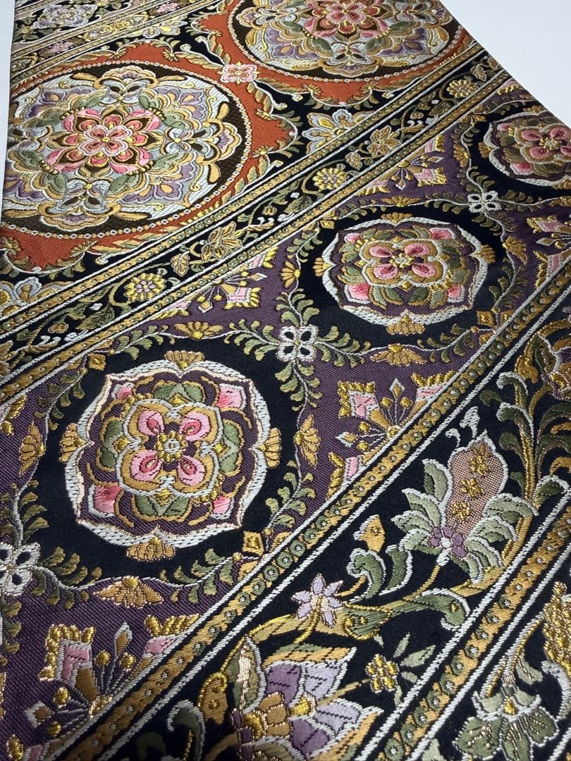 高級 袋帯 正絹 六通柄 ブラック ゴールド 花文様 フォーマル 訪問着