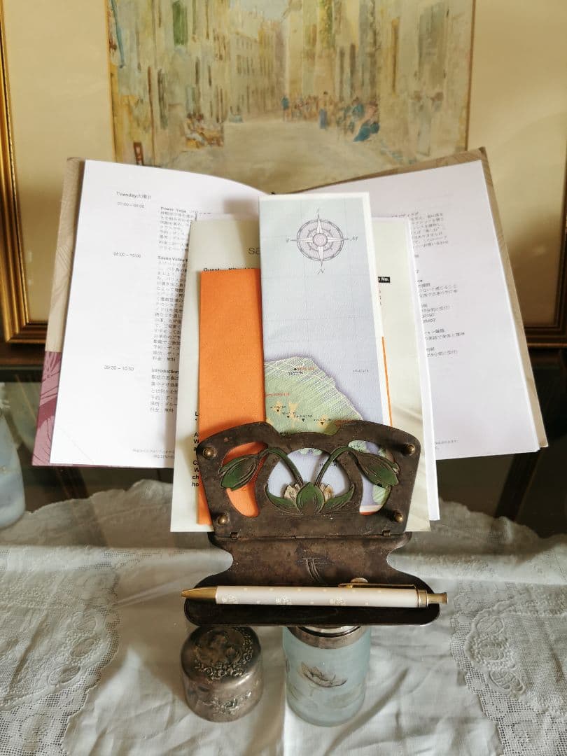 アンティークドイツ アールヌーヴォー ロータス 白水蓮レリーフ折畳レタースタンド