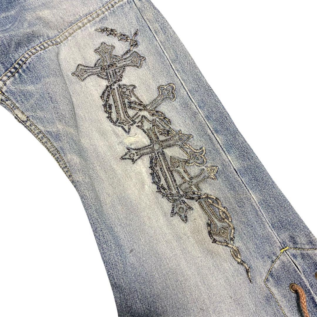00s TORNADO MART レースアップ クロス刺繍 フレア デニム