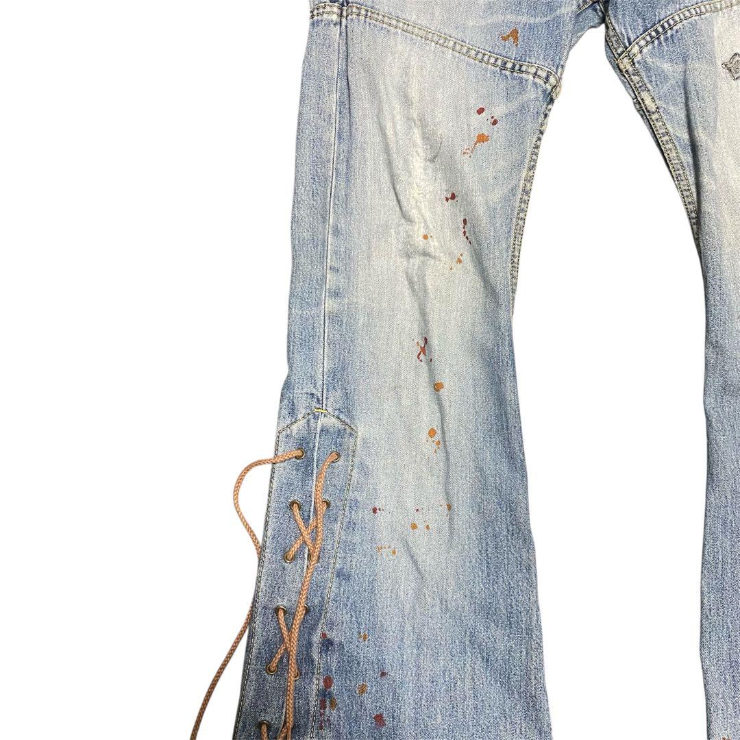 00s TORNADO MART レースアップ クロス刺繍 フレア デニム