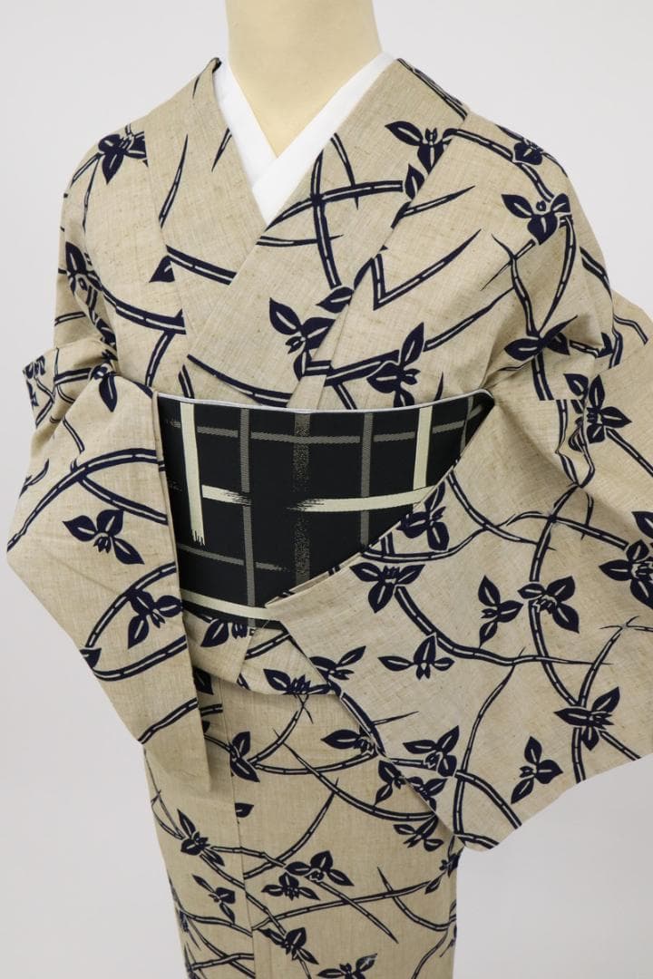 《浴衣■綿紬◆菖蒲の花模様■ベージュ◆木綿■◆夏着物◆US7-14》