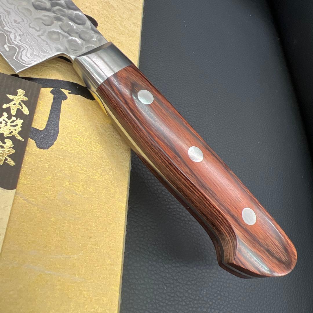 ★新品送料込郷右馬允義弘造鎚目ダマスカス牛刀包丁180mm口金付マホガニー柄