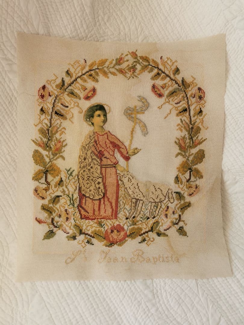 アンティーク バプテスマの聖ヨハネと羊と薔薇 ニードルポイント 手刺繍 額付