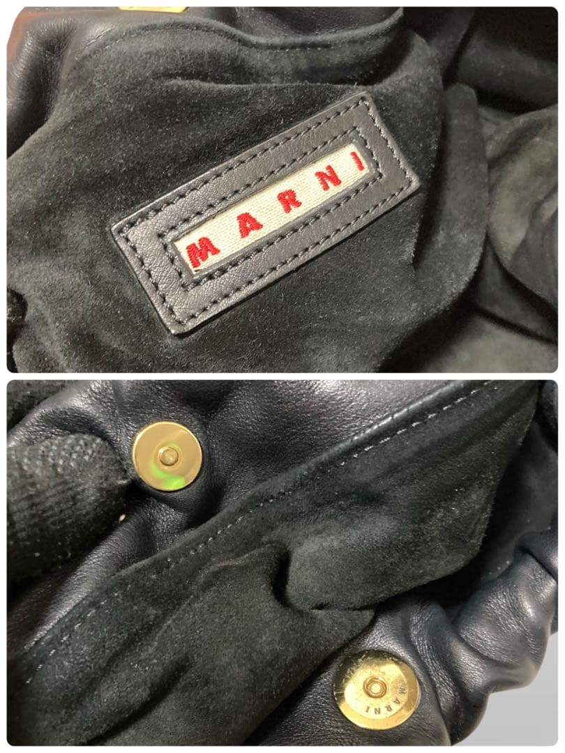 【美品】マルニ　巾着型　ショルダーバッグ　レザー　黒斜め掛けメッシュカットワーク