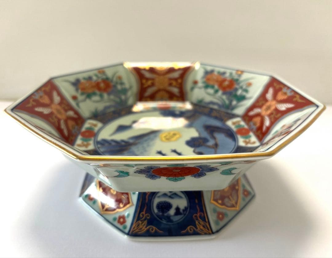高台大鉢　伊万里　山水八角　色絵　金彩飾り　高台皿　高台鉢　未使用　有田焼