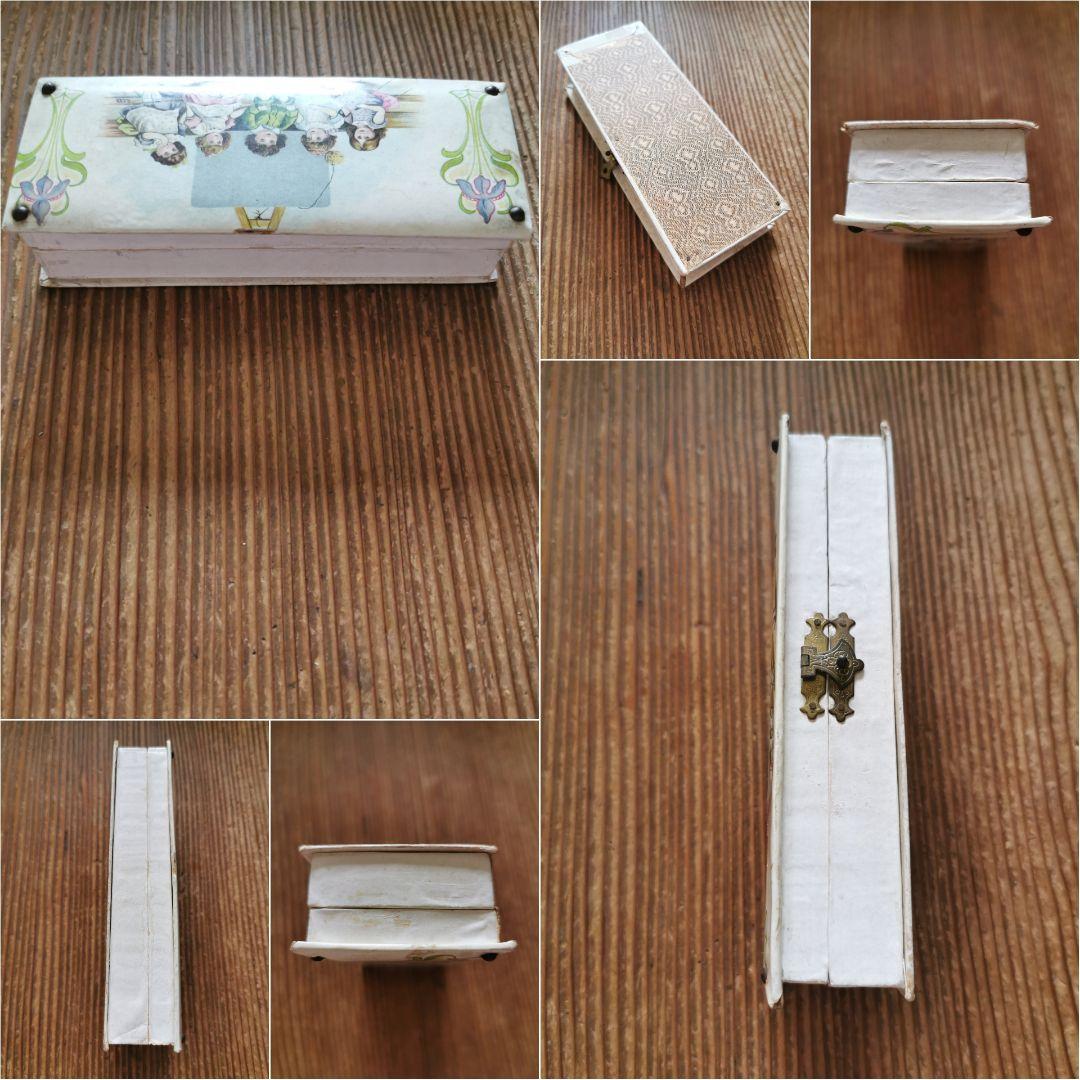 アンティークフランス インクペンケース 水色布張り少女イラスト パピエボックス