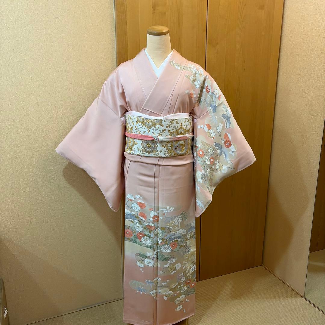 正絹未使用訪問着５点セット【長襦袢 袋帯 帯締め 帯揚げ】