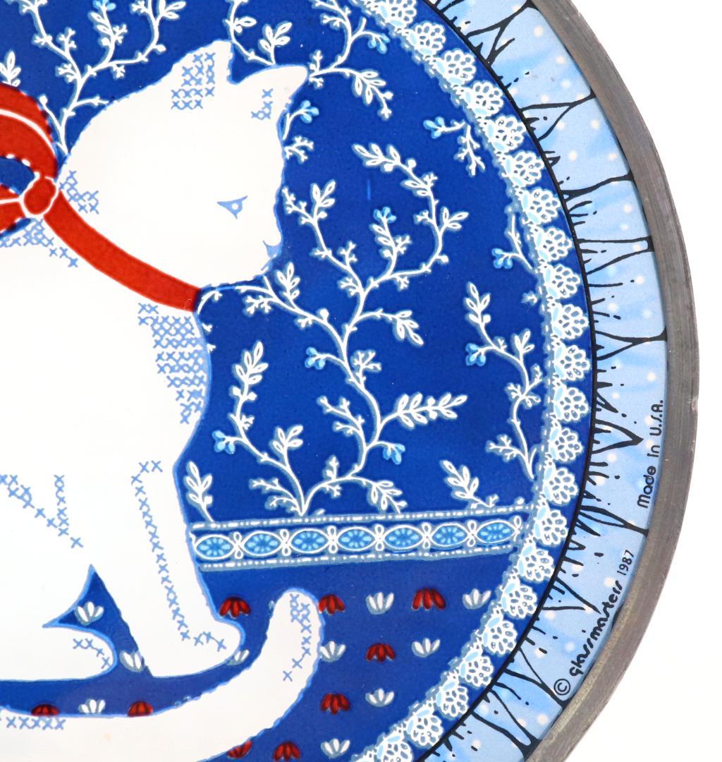 赤いリボンを巻いた白猫 ヴィンテージ ステンドグラス レア 丸型 ブルー 青