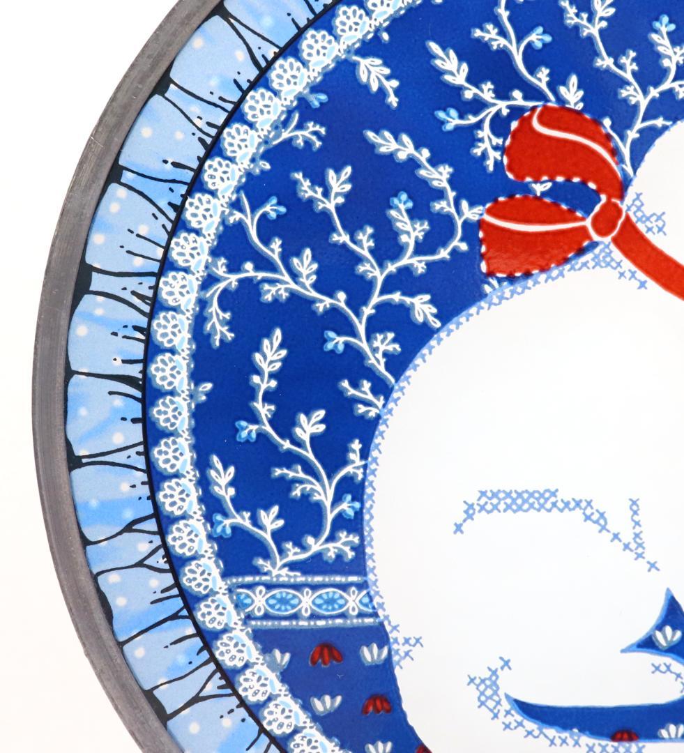 赤いリボンを巻いた白猫 ヴィンテージ ステンドグラス レア 丸型 ブルー 青