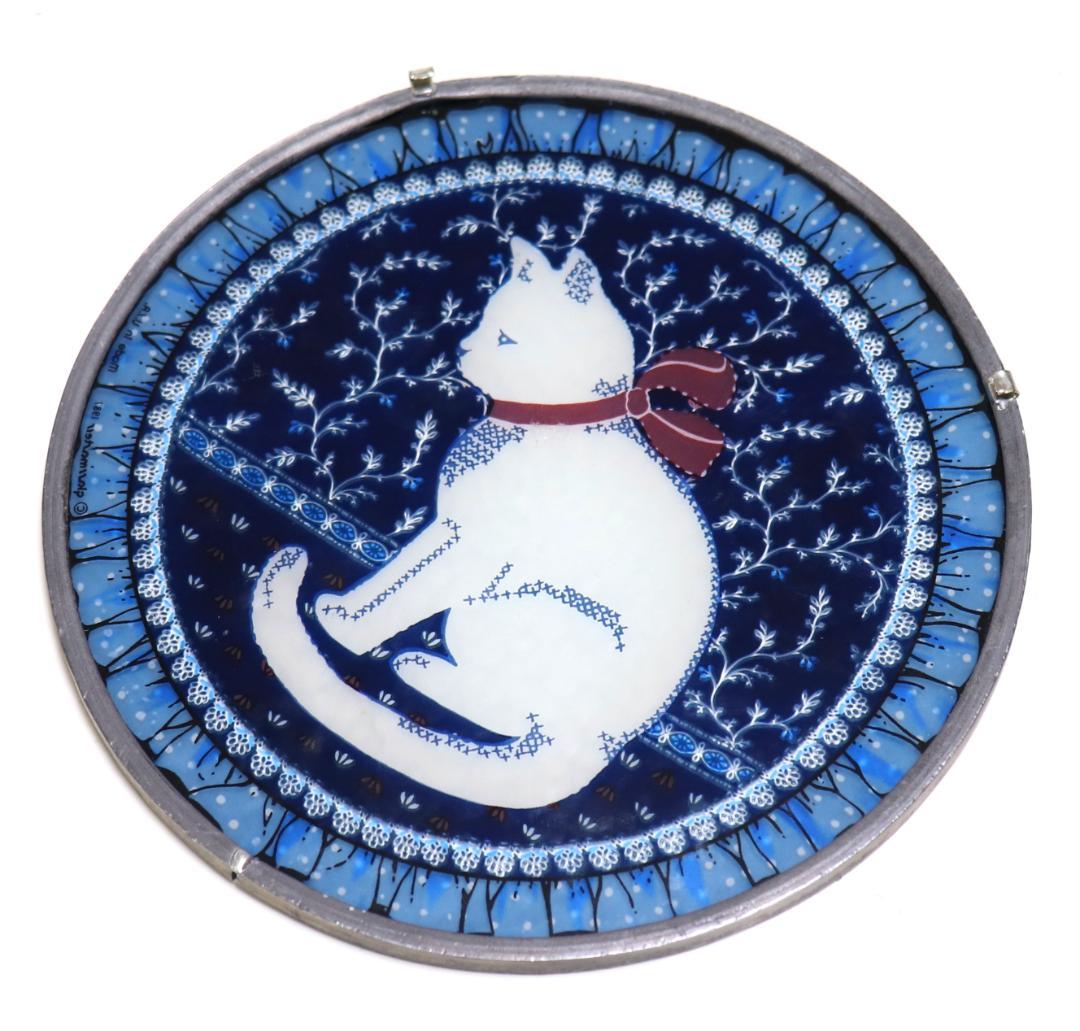 赤いリボンを巻いた白猫 ヴィンテージ ステンドグラス レア 丸型 ブルー 青