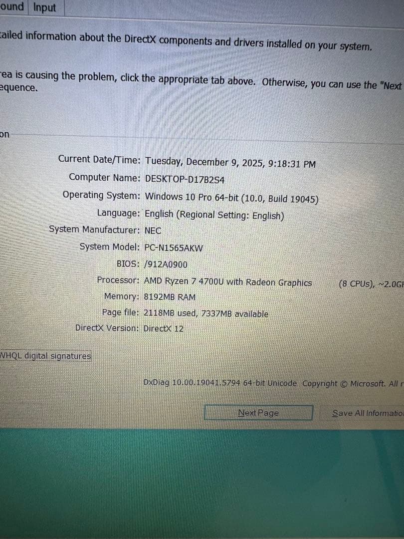 コンピュータ・IT NEC PC-N1555AKV Ryzen 7 4700U