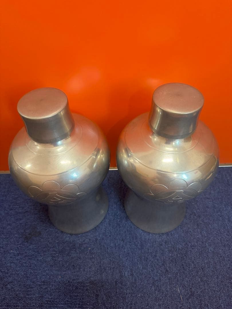 1644 純錫製 岡本謹製　古錫瓶子一対　酒器　32cm 時代物