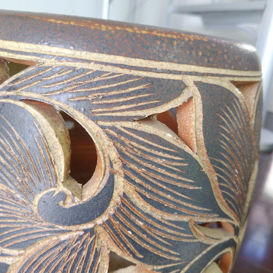 アンティーク 信楽焼傘立て 透かし彫刻 北欧インテリア 高さ42.5cm