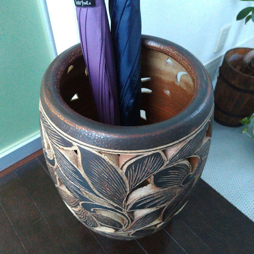 アンティーク 信楽焼傘立て 透かし彫刻 北欧インテリア 高さ42.5cm