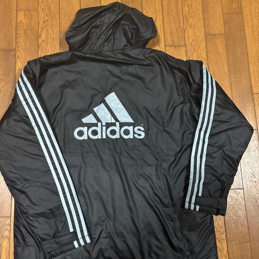adidas メンズブラック ベンチコート L／スリーライン／フードあり／軽量