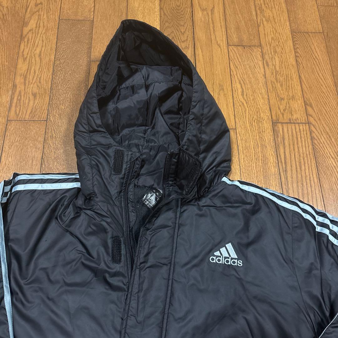 adidas メンズブラック ベンチコート L／スリーライン／フードあり／軽量