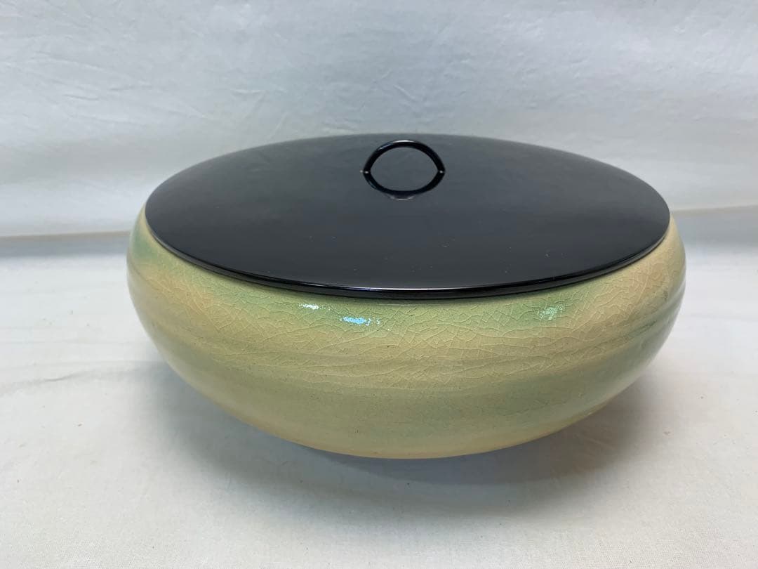 ほぼ未使用 茶道具 陶斎作 宮島焼き 平水指 陶印 塗り蓋 水差し