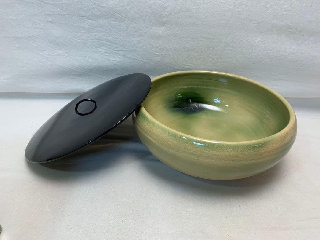 ほぼ未使用 茶道具 陶斎作 宮島焼き 平水指 陶印 塗り蓋 水差し