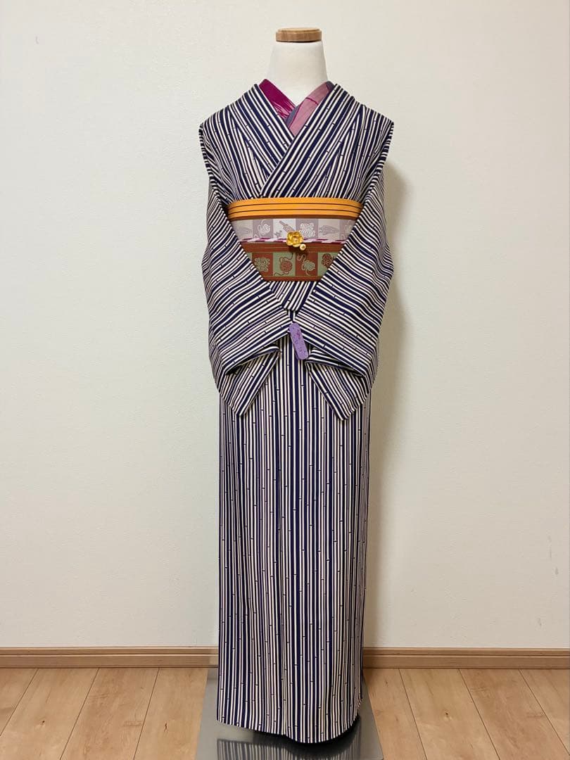 セット　小紋竹縞模様＋半幅帯帯　玩具　半衿おまけ付き