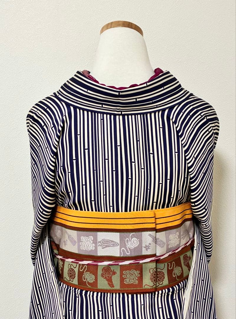 セット　小紋竹縞模様＋半幅帯帯　玩具　半衿おまけ付き