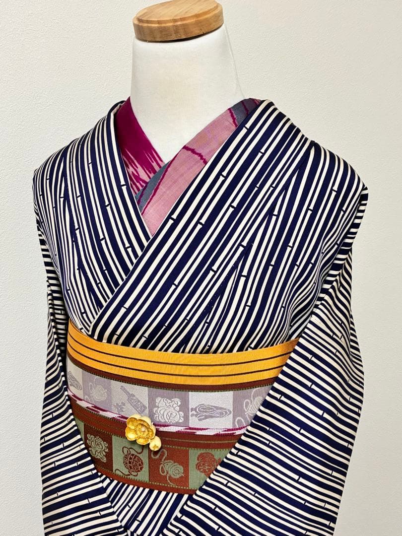 セット　小紋竹縞模様＋半幅帯帯　玩具　半衿おまけ付き