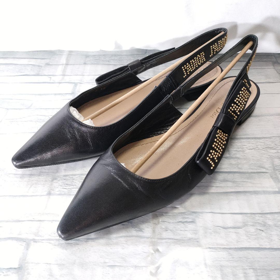 箱保存袋付き美品✨Dior　スリングバックフラットパンプス　レザー　黒×ゴールド